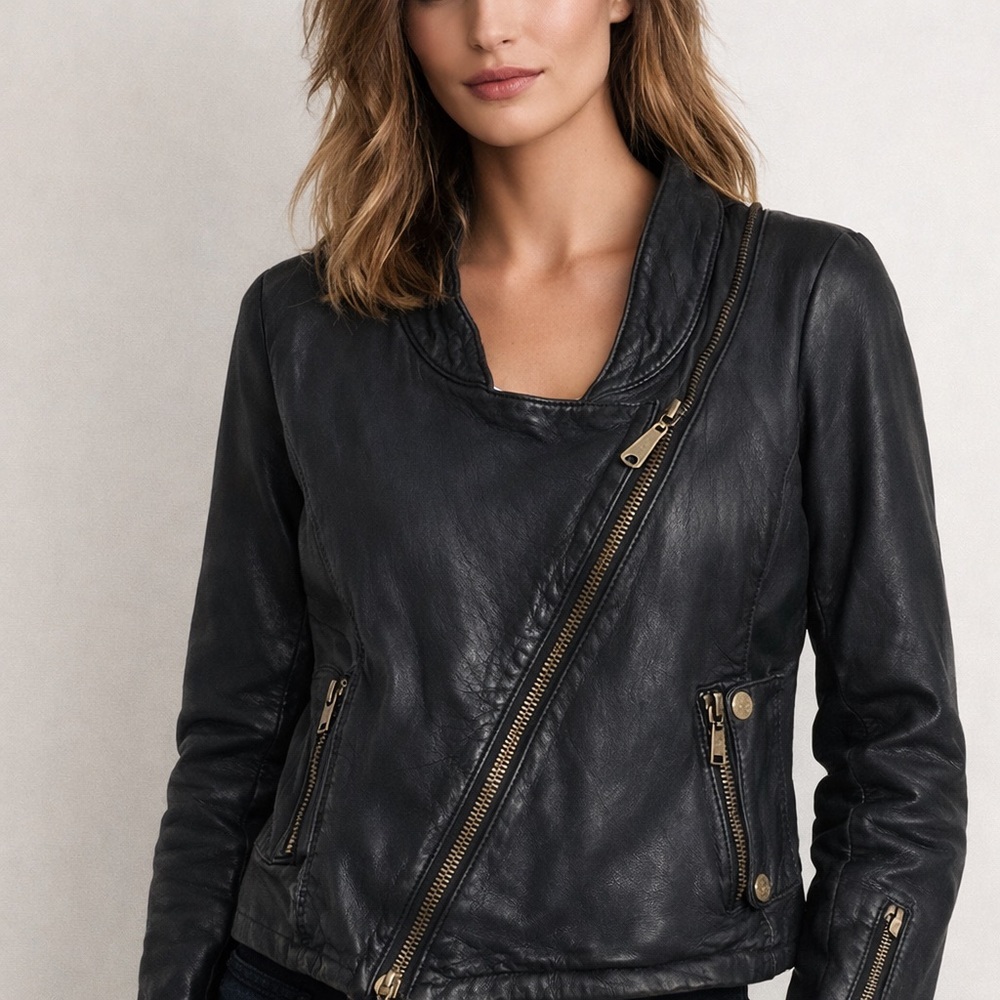 Doma Lambskin Leather Moto Jacket Black Asymmetrical Zip Burnished Hardware XS